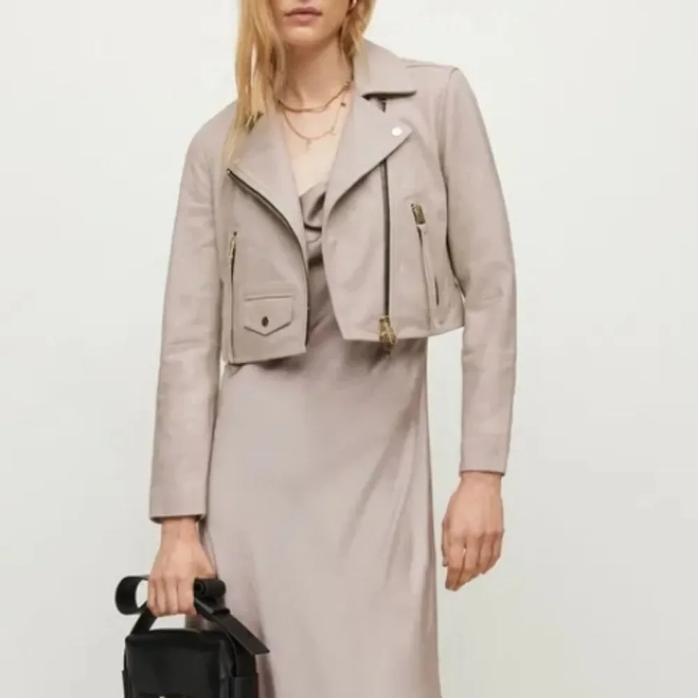 All Saints Pale Pink Cream Leather Chic Edgy Feminine Cropped Elora Biker Size 6 - Picture 13 of 13